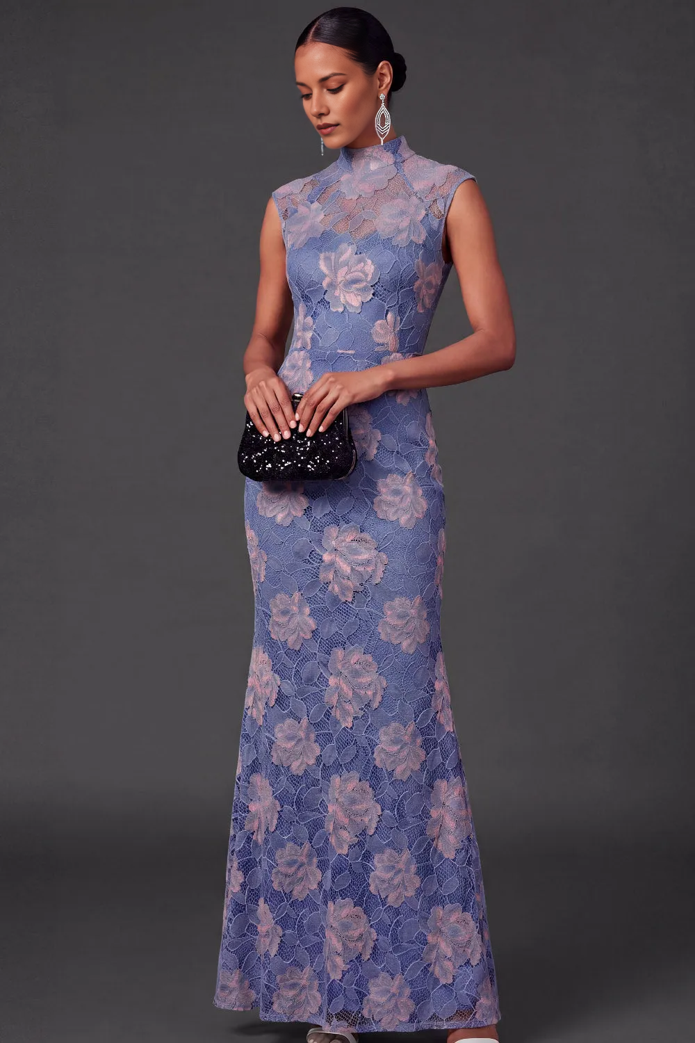 High Neck Cap Sleeve Two-Tone Floral Lace Mermaid Formal Maxi Dress