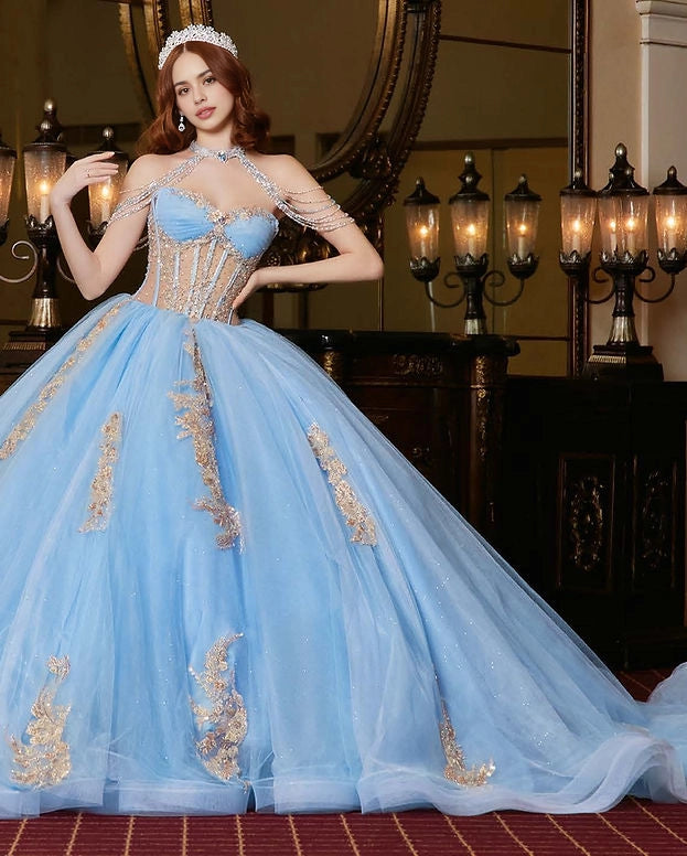 Ball Gown Beaded Strap Corset Back Big Bow Quinceañera Dress