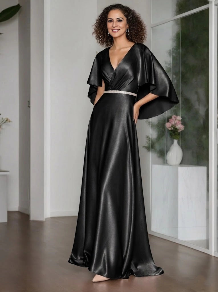 Elegant A‑Line V‑Neck Cape‑Sleeve Zip‑Back Floor‑Length Mother Of The Bride Dress