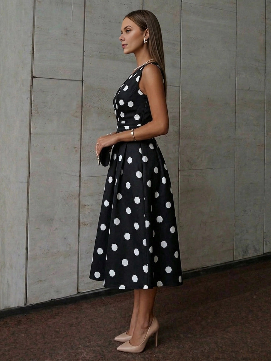 Classic A-Line V-Neck Sleeveless Zip-Back Polka-Dot Midi-Length Wedding Guest Dress