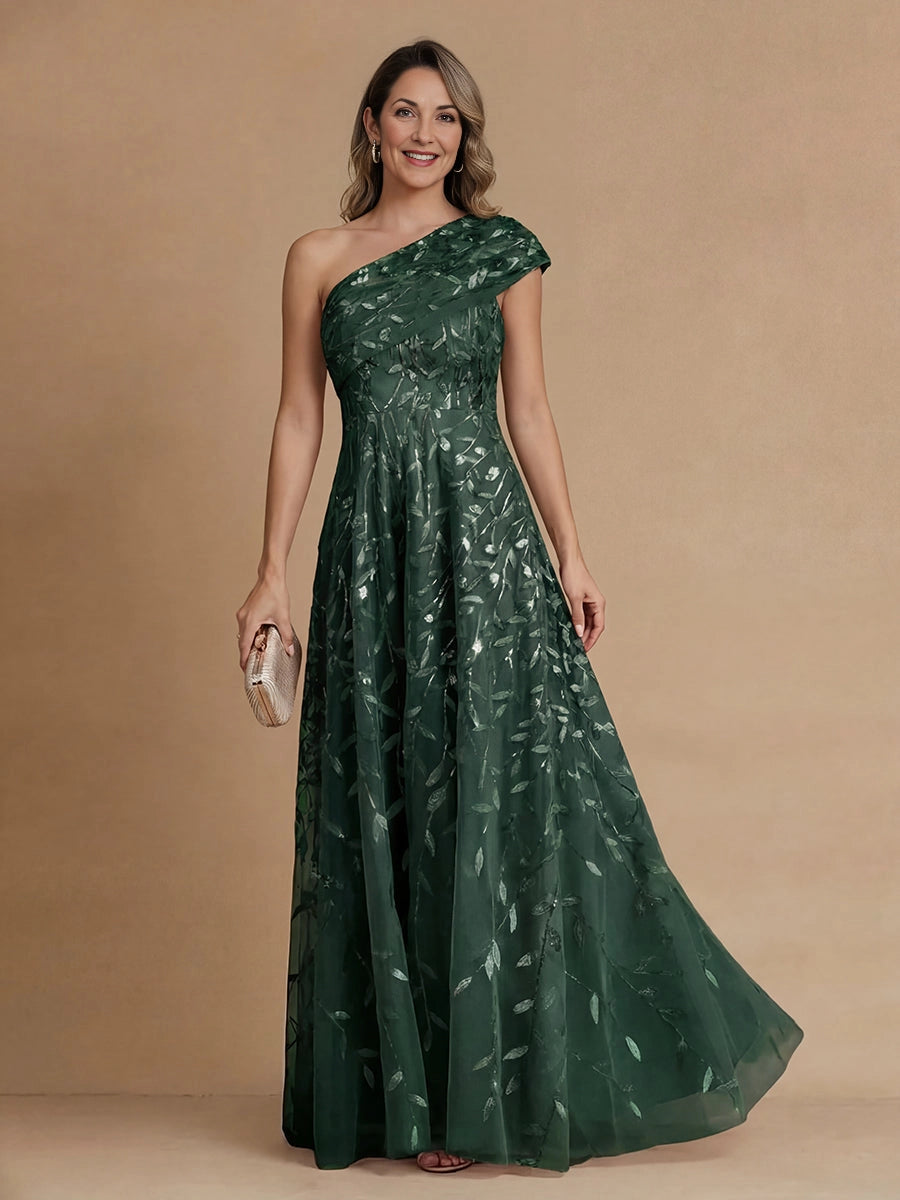 Romantic A‑Line One‑Shoulder Single‑Sleeve Zip‑Back Long Mother Of The Bride Dress