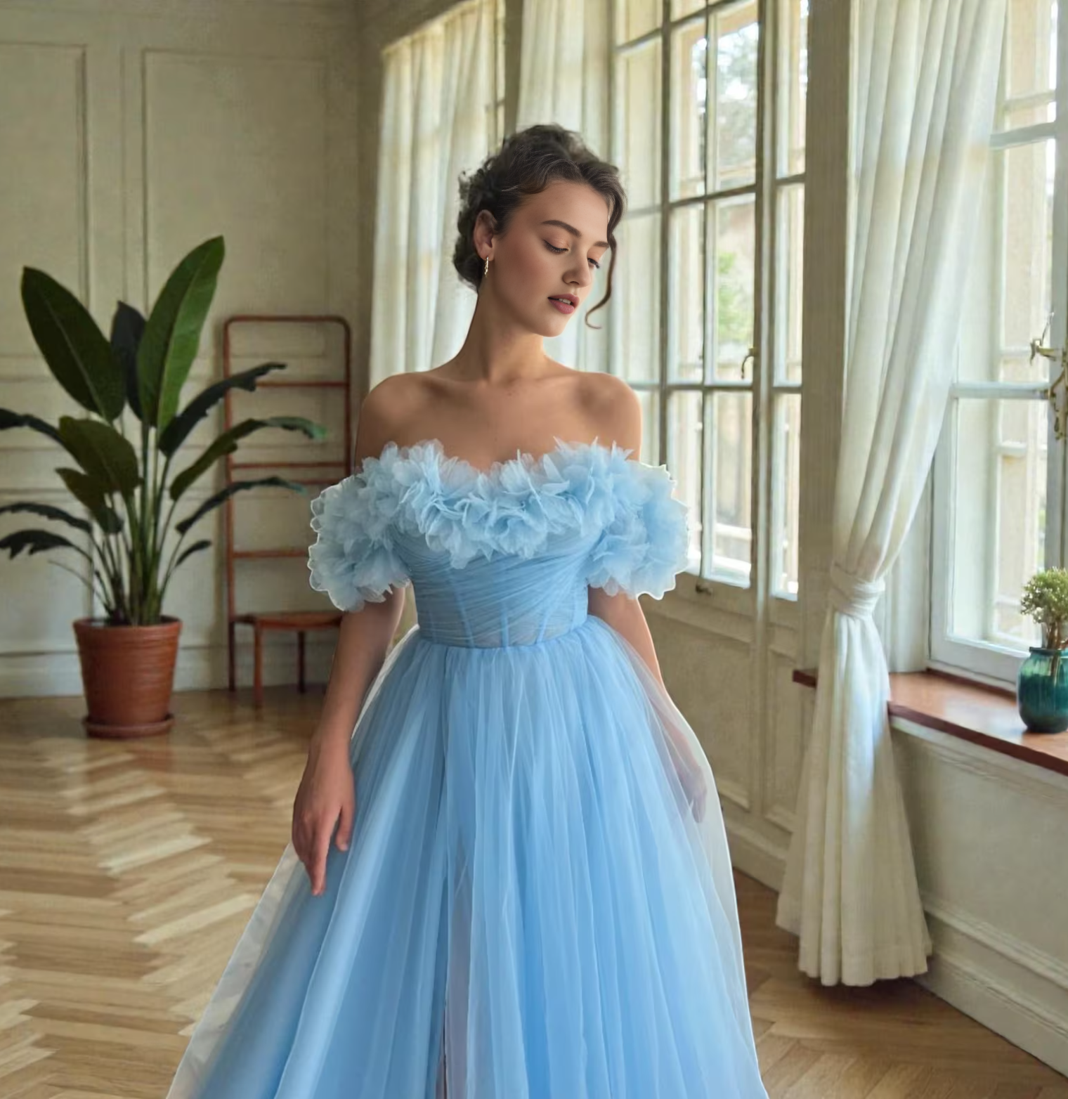 Off-the-Shoulder Tiered Ruffle Ball Gown Corset Prom Dresses Cape Evening Dress with Sheer and Side Slit