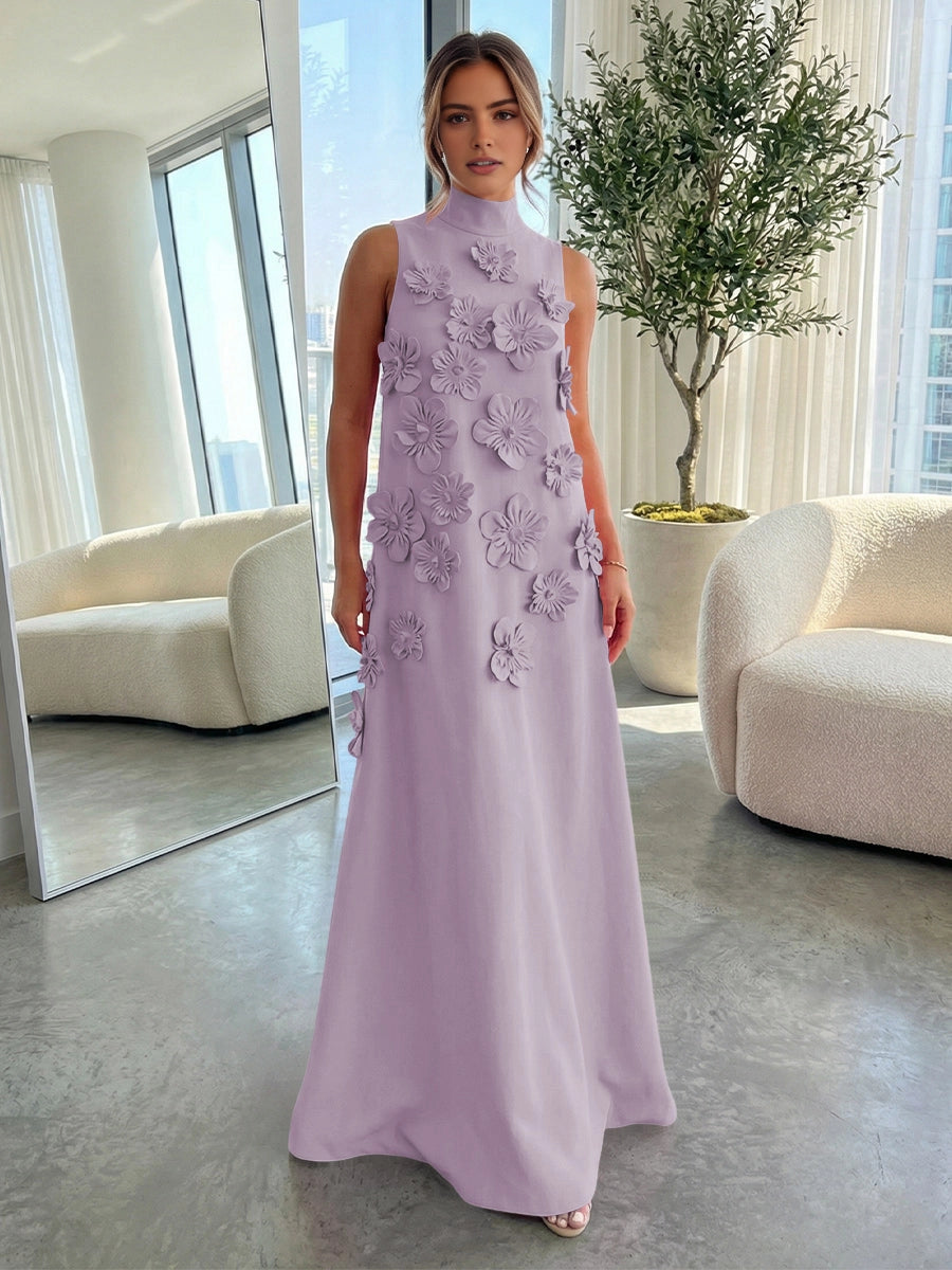 Bright Pink A‑Line High‑Neck Sleeveless Zipper‑Back Long Wedding Guest Dress