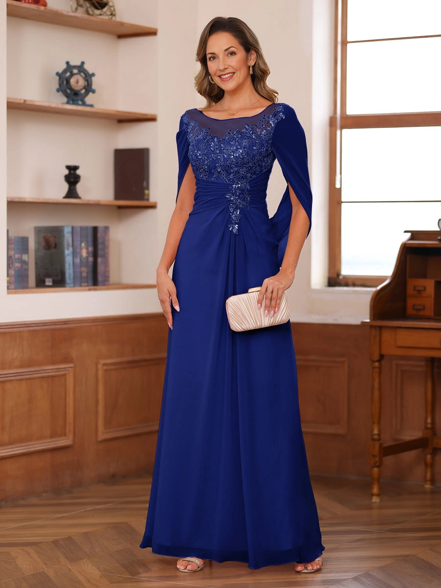 Charming A‑Line Illusion‑Neck Cape‑Sleeve Keyhole‑Back Long Mother Of The Bride Dress