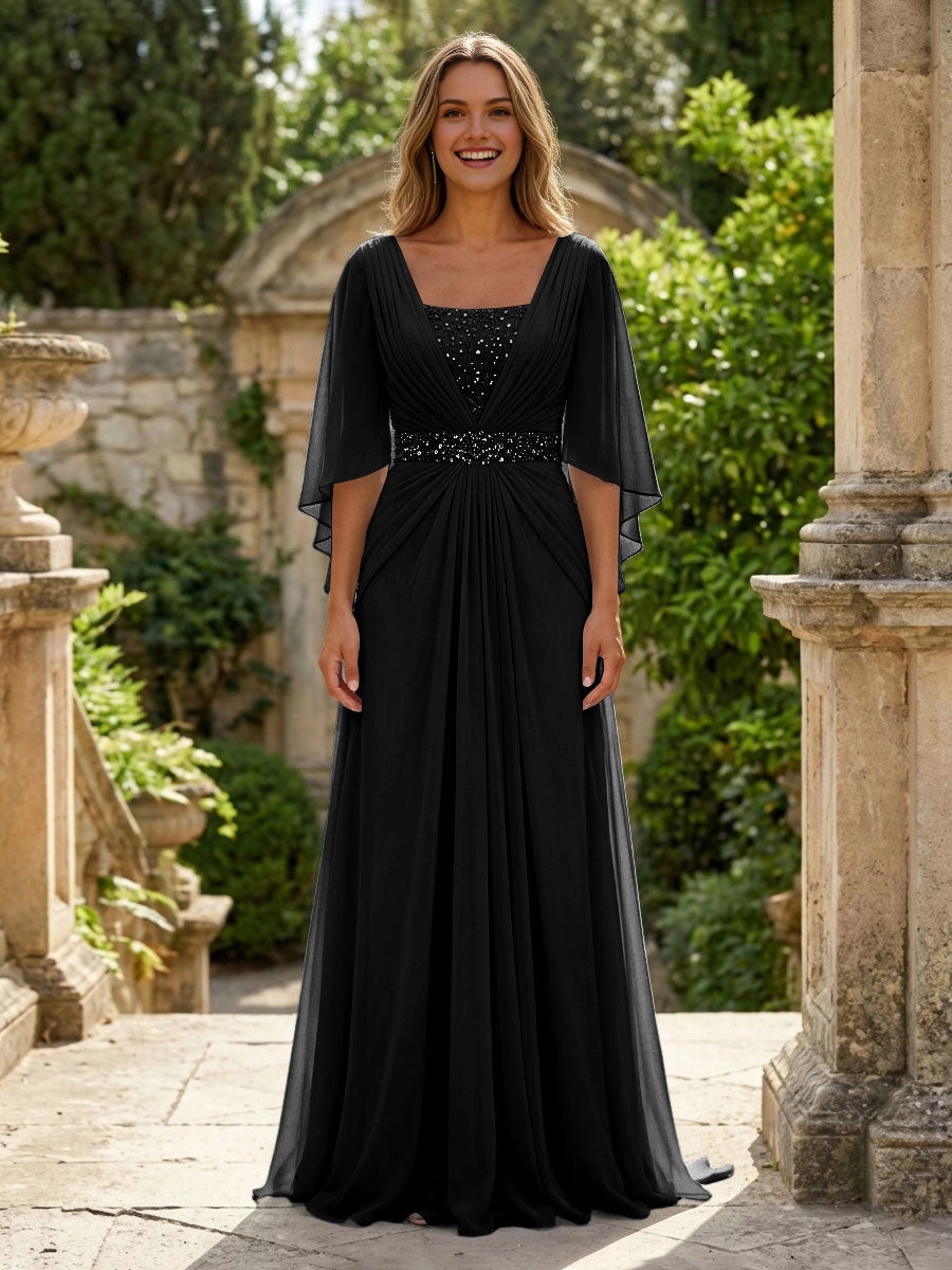 Soft Sky-Blue A-Line Square-Neck Flutter-Sleeve V-Back Floor-Length Wedding Guest Dress