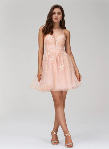 Lace Tulle Crisscross Back Spaghetti V Neck Flared Mini Homecoming Dress