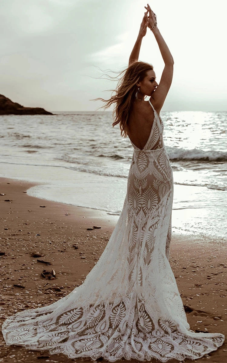 Vedress Boho Palm Lace Deep V-neck Low Open Back Mermaid Beach Wedding Dress