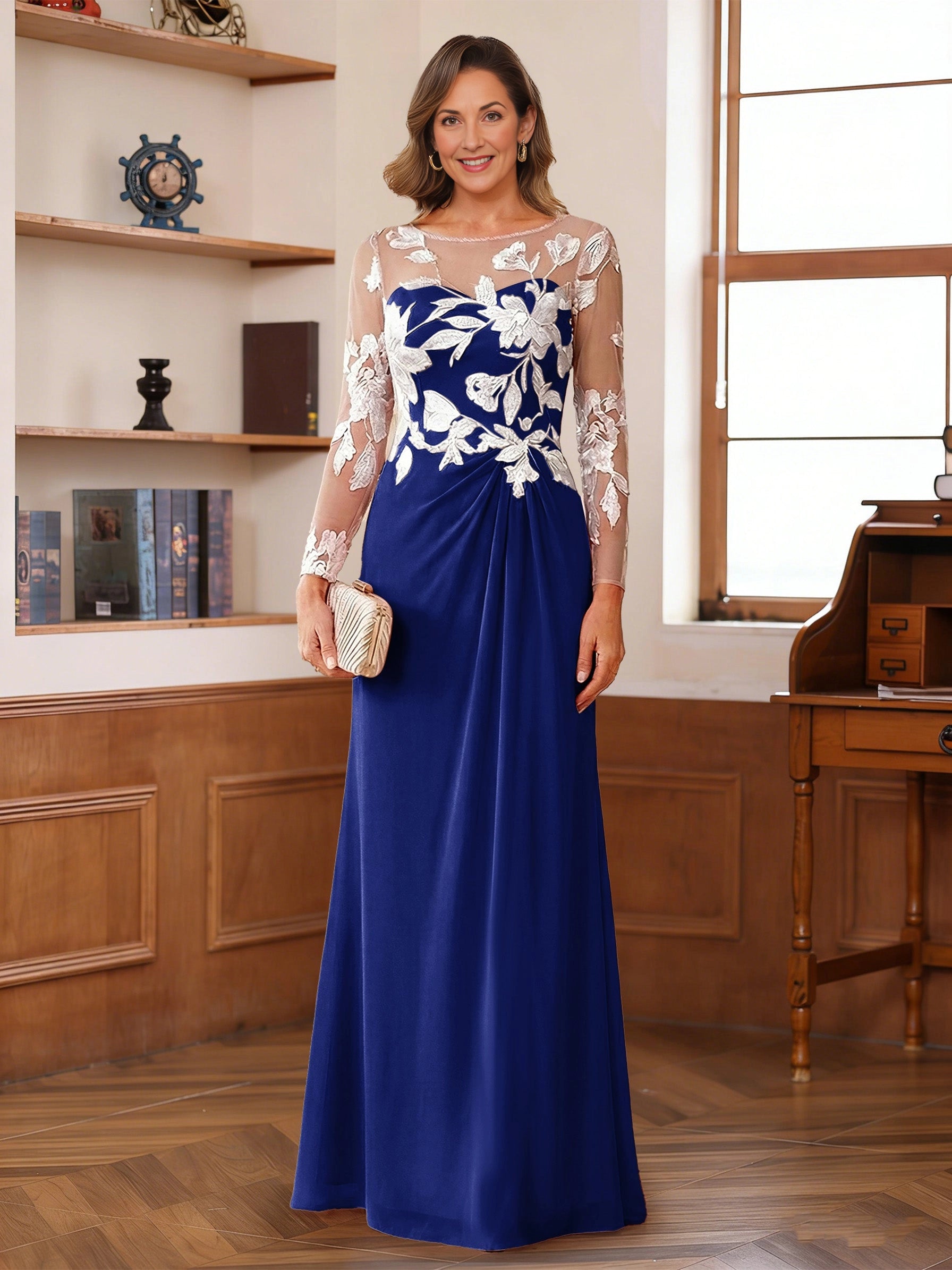 Elegant A Line Round Neck Long Sleeve Button Back Floor Length Mother Of The Bride Dress