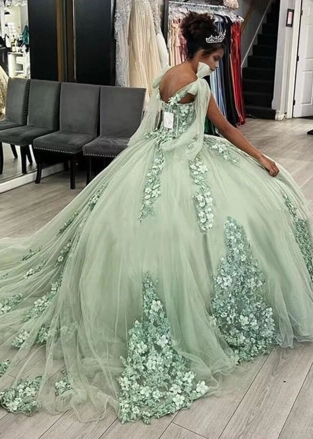 Sage Green Ball Gown Off Shoulder Cape Sleeve Lace Up Back Long Quinceañera Dress