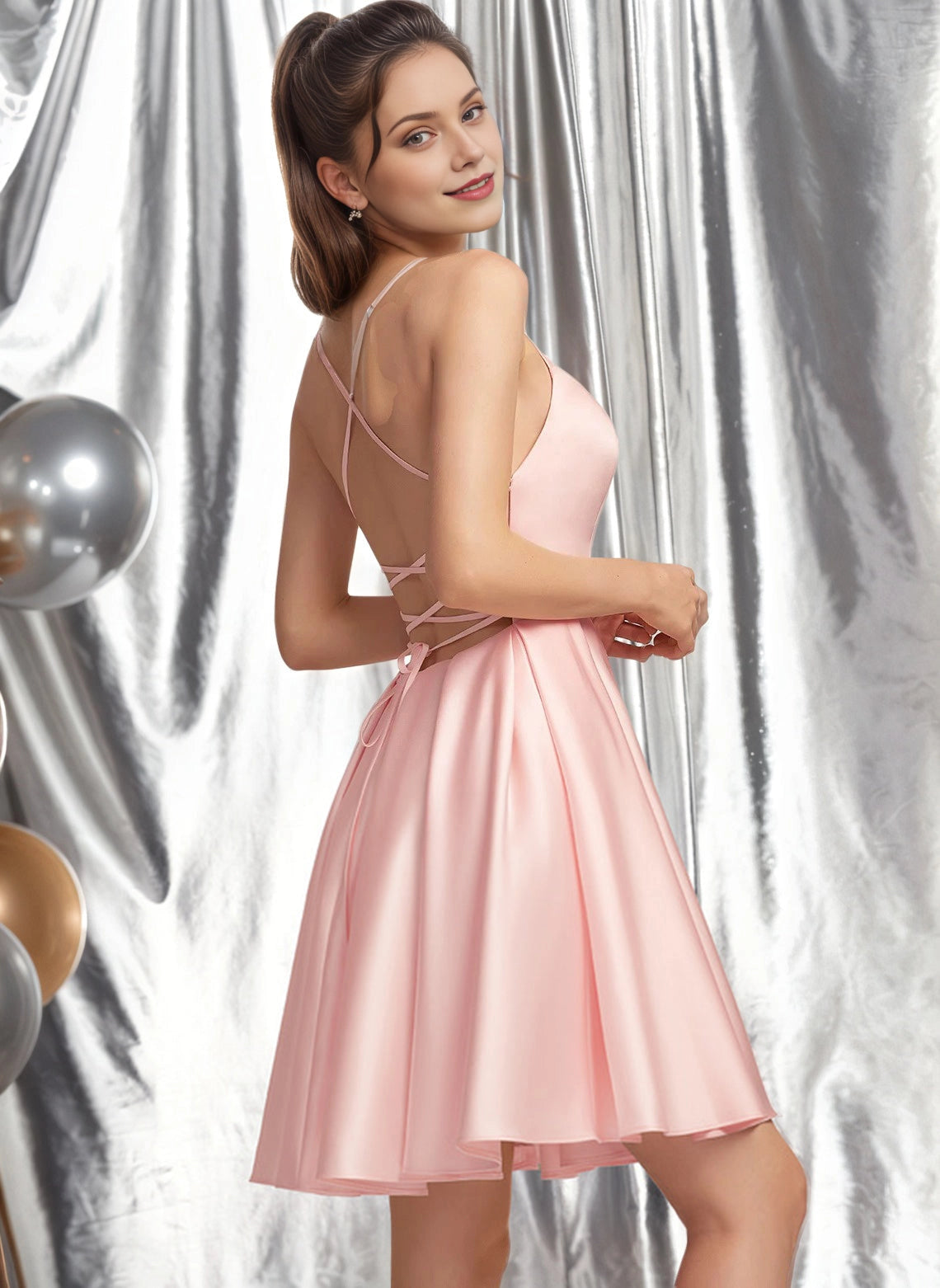 Vedress pink satin open back crisscross tie adjustable strap short party dress back view