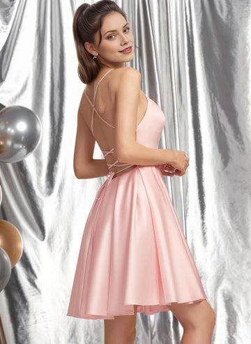 Vedress pink satin open back crisscross tie adjustable strap short party dress back view