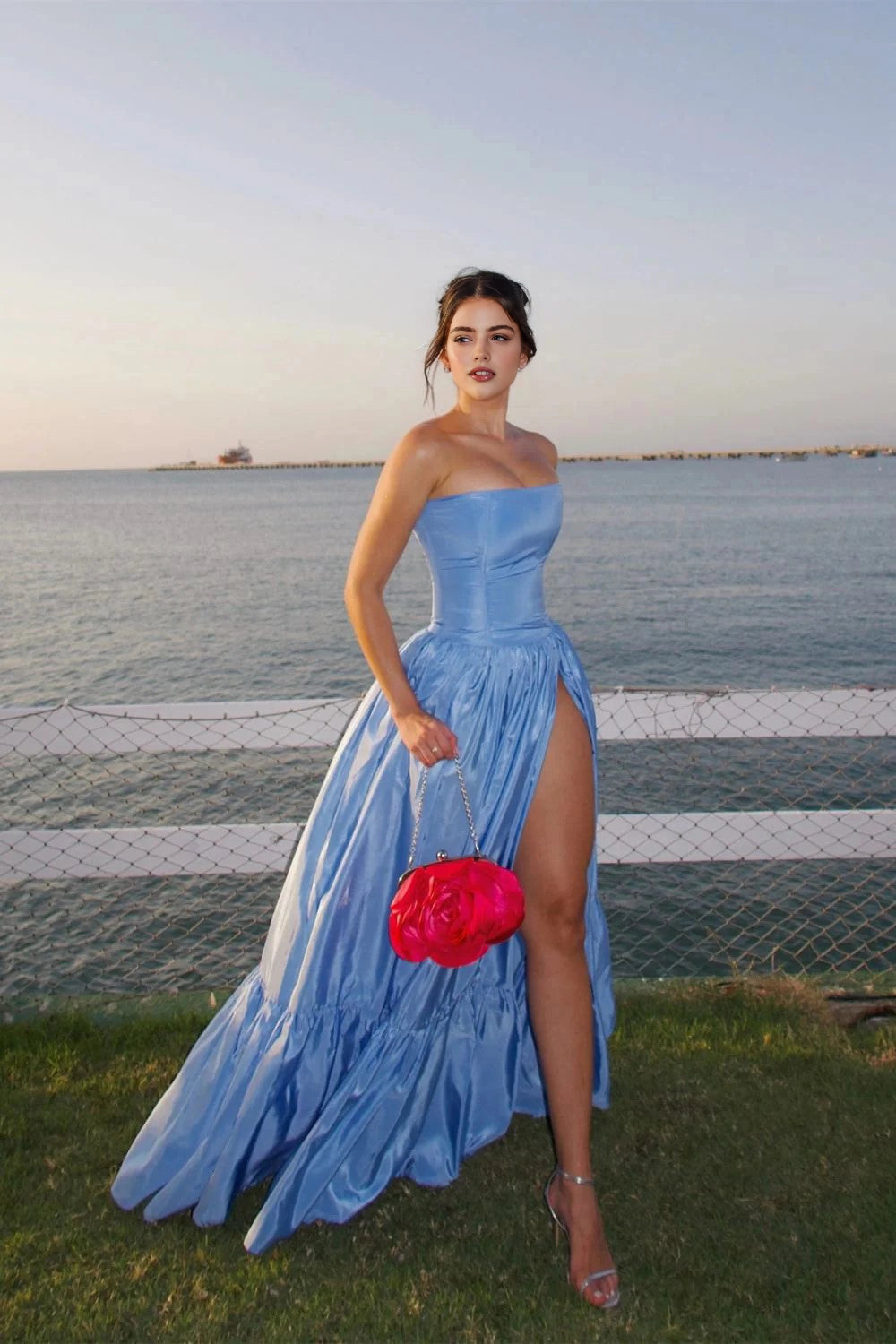 Back view of Vedress zip‑back sleeveless shiny satin long formal maxi gown