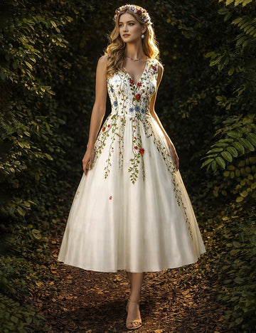 Romantic A Line V Neck Sleeveless V Back Long Prom Dress