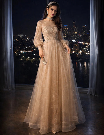 Vedress champagne glitter tulle beaded long sleeve floor length a line prom dress