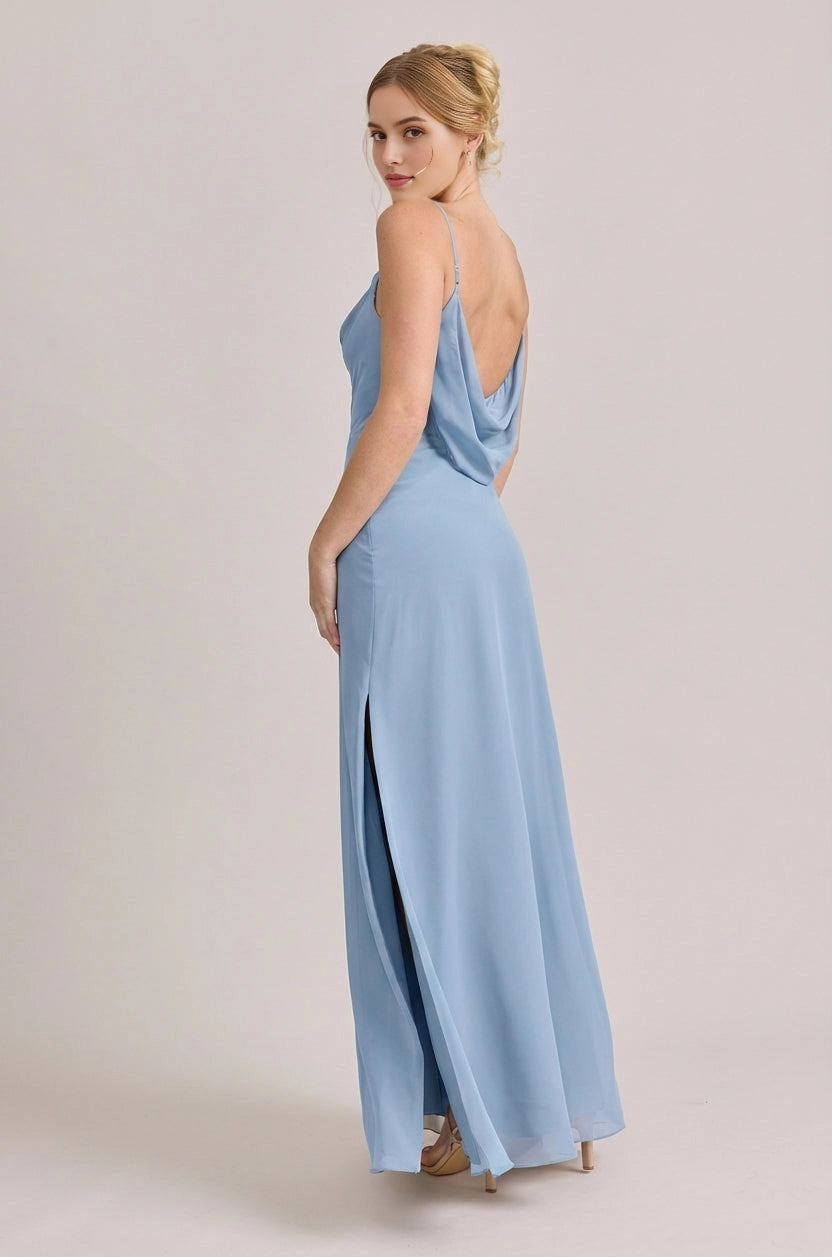 Soft A-Line Cowl Neck Sleeveless Cowl Back Maxi Bridesmaid Dress