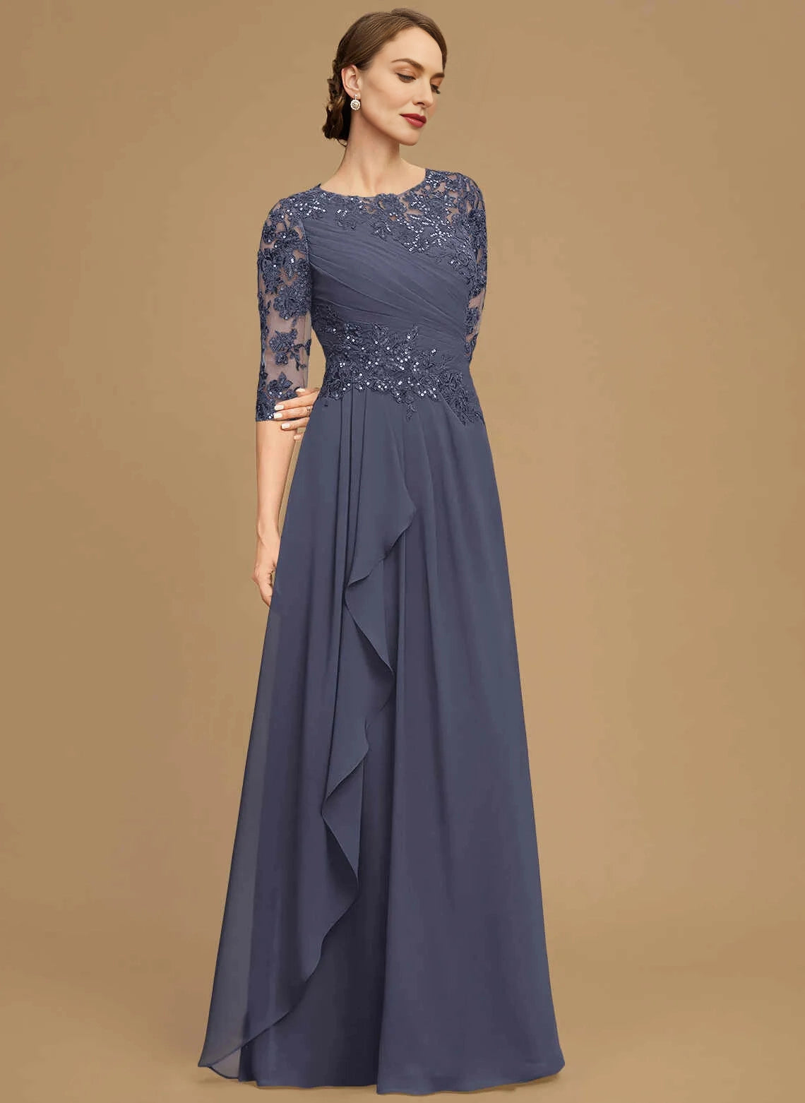 Classic A‑Line Round Neck 3/4 Sleeve Zipper Back Floor‑Length Mother Of The Bride Dress