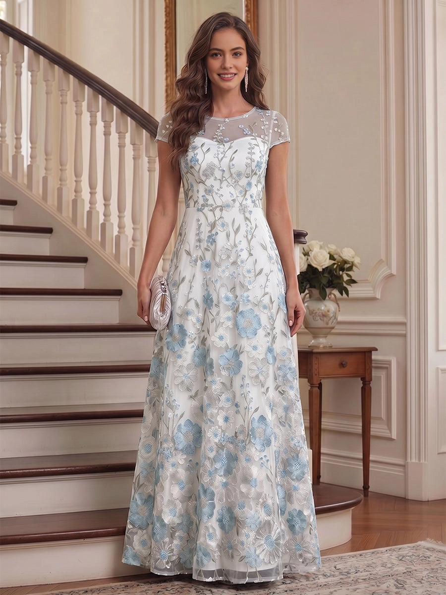Lovely Light Blue A-Line Illusion Round-Neck Cap-Sleeve Sheer-Back Floor-Length Mother Of The Bride Dress