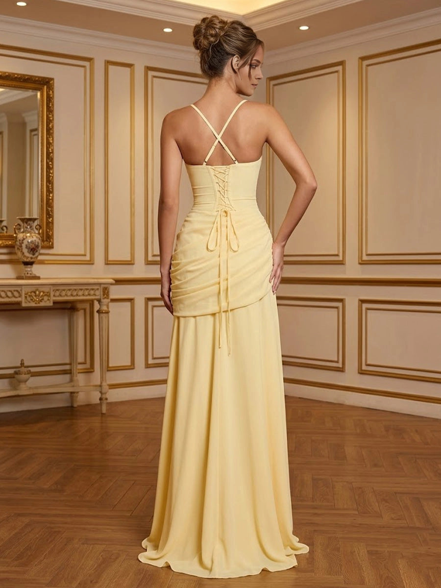 Back view vedress chiffon formal gown crisscross lace‑up corset back floor‑length bridesmaid prom dress