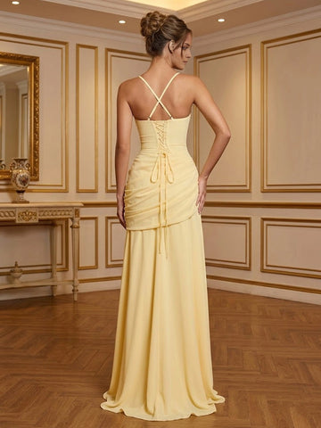 Back view vedress chiffon formal gown crisscross lace‑up corset back floor‑length bridesmaid prom dress
