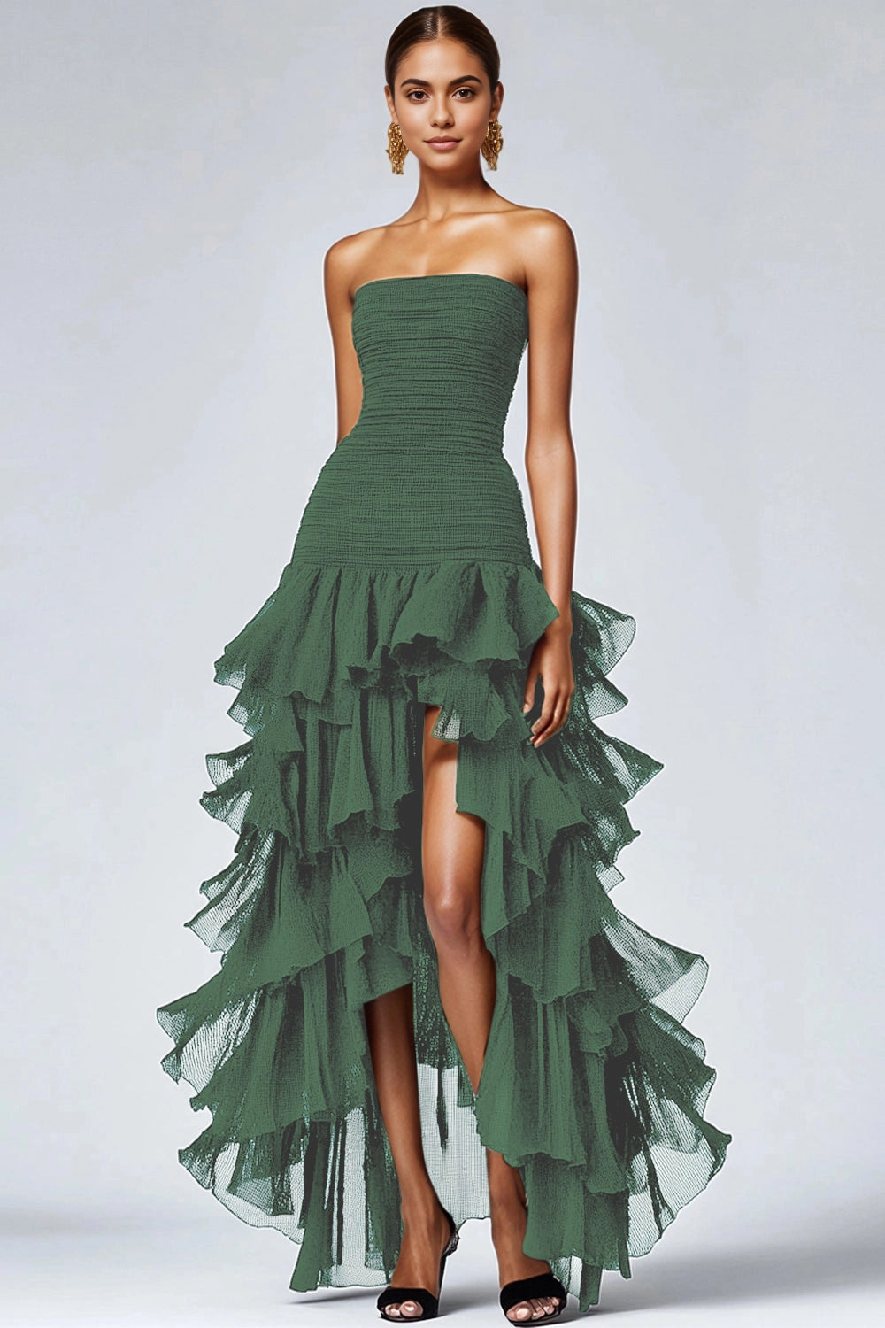 Vedress Black Strapless Smocked Tiered High Slit High Low Mesh Long Prom Dress