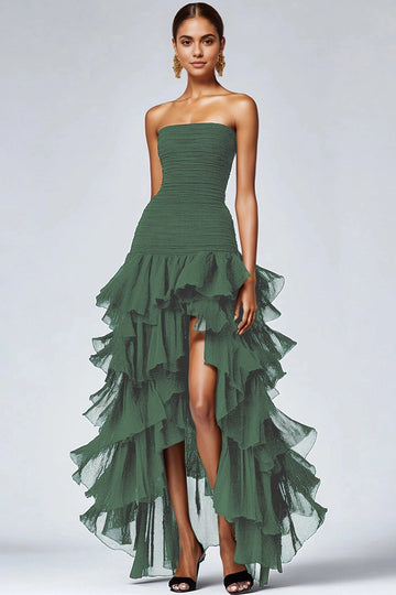 Vedress Black Strapless Smocked Tiered High Slit High Low Mesh Long Prom Dress