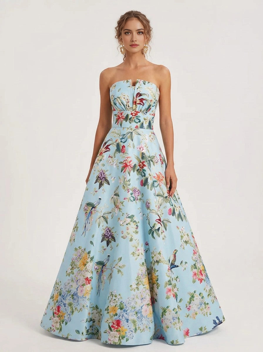 Bright Floral A‑Line Strapless Sleeveless Zip‑Back Floor‑Length Prom Dress 