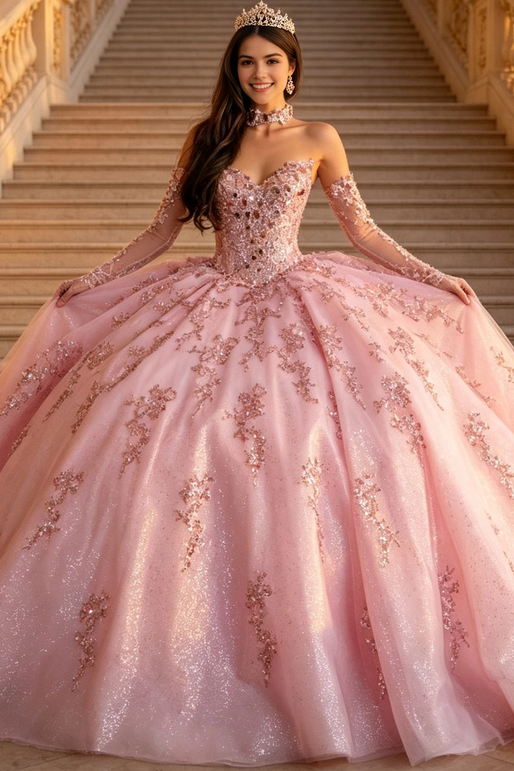 Gorgeous Pink Ball Gown Sweetheart Detachable Long Sleeve Lace‑Up Back Court Train Quinceanera Dress