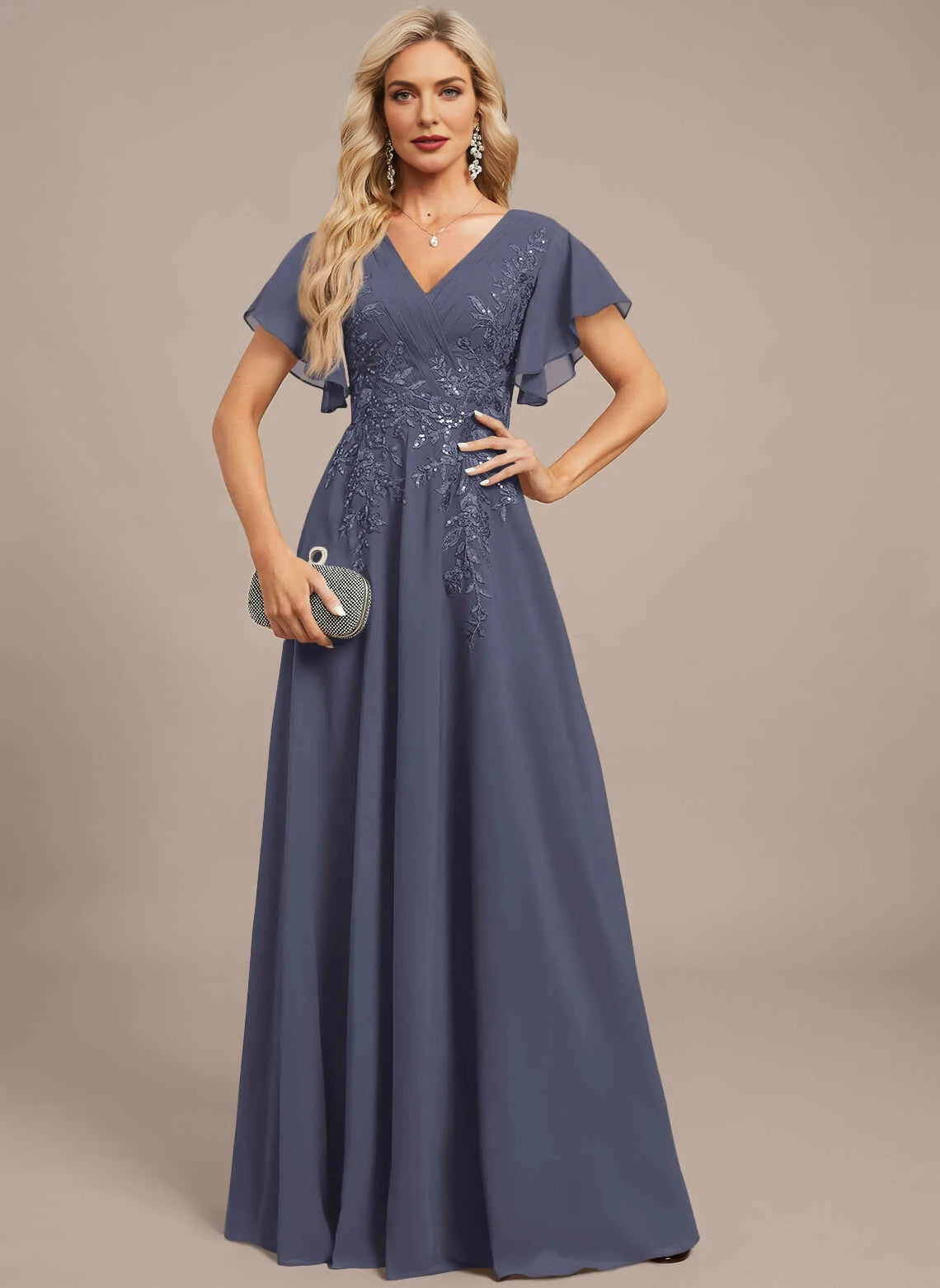 Classic A‑Line V‑Neck Flutter Sleeve V‑Back Long Mother Of The Bride Dress