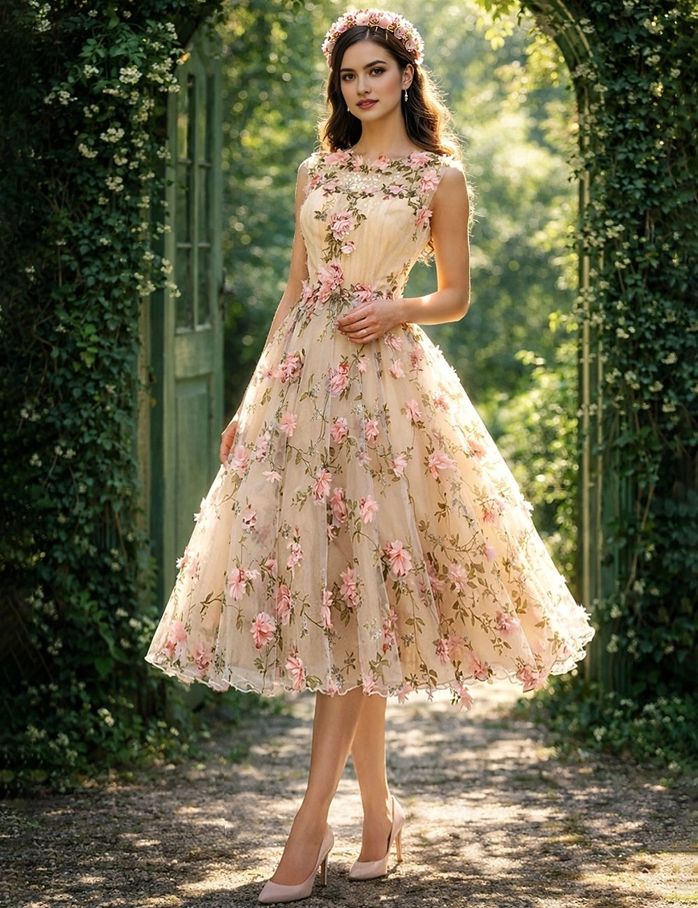 Vedress champagne 3d floral embroidered tulle a line midi prom dress front garden outdoor view