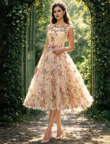 Vedress champagne 3d floral embroidered tulle a line midi prom dress front garden outdoor view