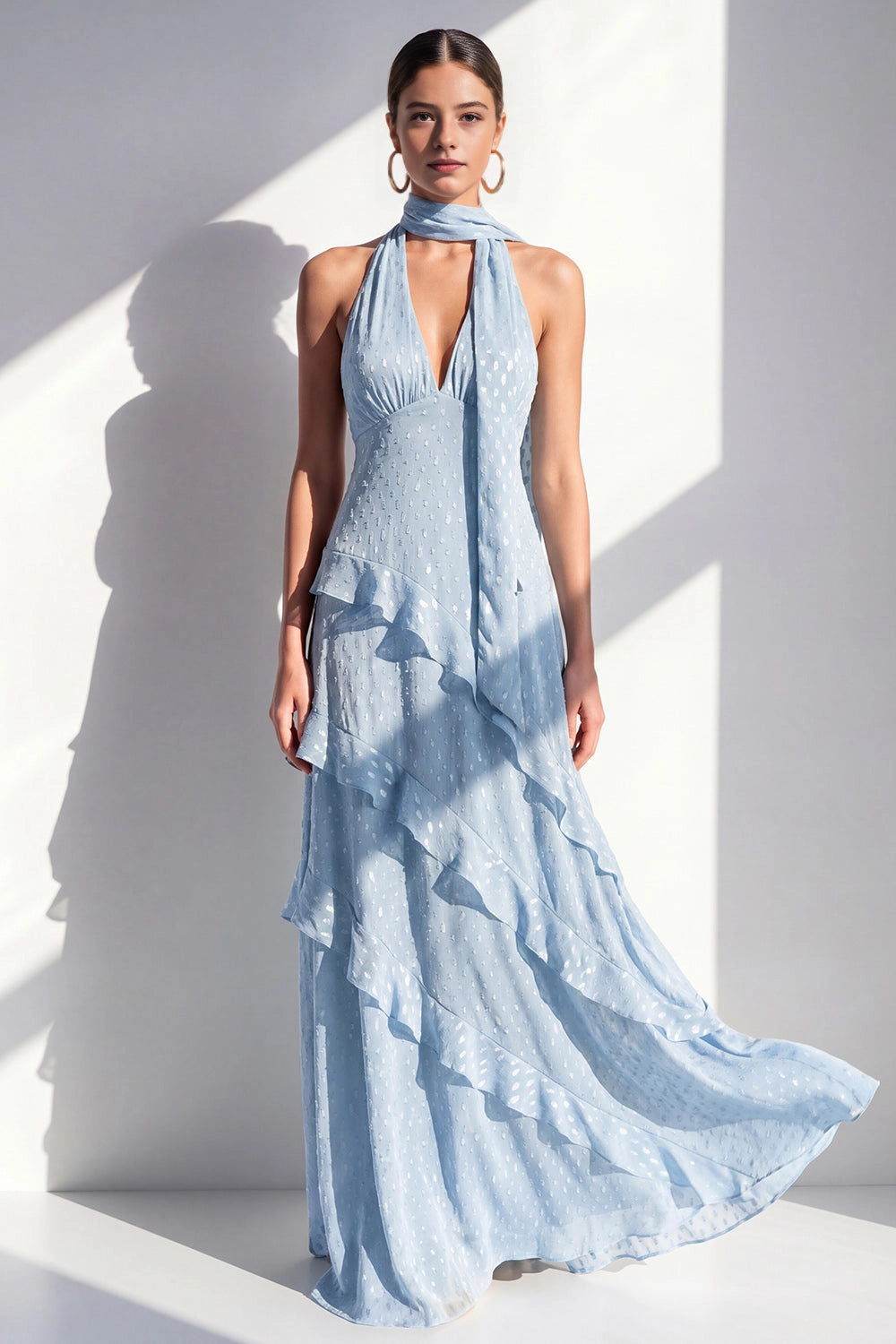 Flowy A Line Halter Open Back Sleeveless Zip Up Maxi Wedding Guest Dress