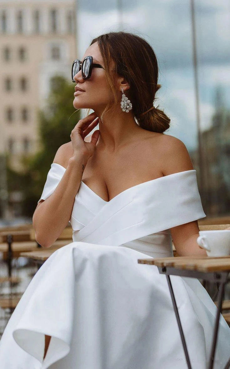 Elegant A line Off Shoulder Cap Sleeve Lace Up Midi Civil Wedding Dress