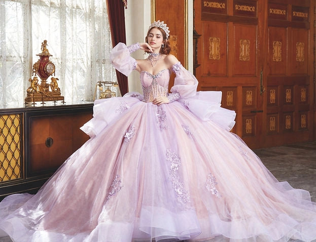 Floral Ball Gown Sweetheart Puff Sleeve Corset Big Bow Train Quinceañera Dress