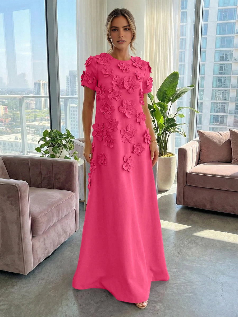 Vibrant Pink A‑Line Round‑Neck Short‑Sleeve Zipper‑Back Long Wedding Guest Dress