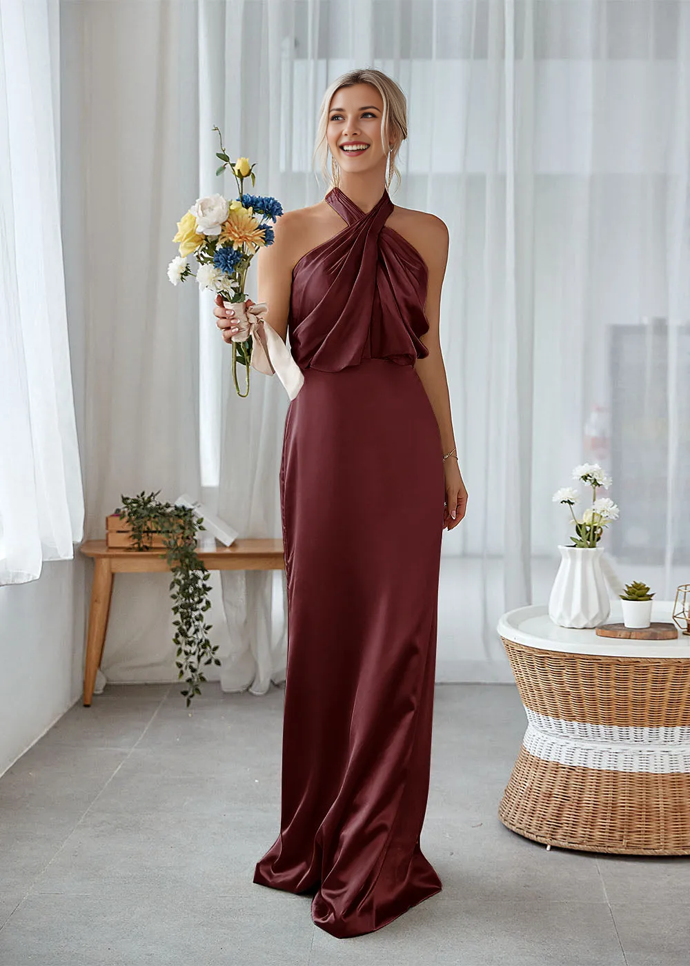 Halter Twist Neck Satin Mermaid Bridesmaid Dress with Open Keyhole Back