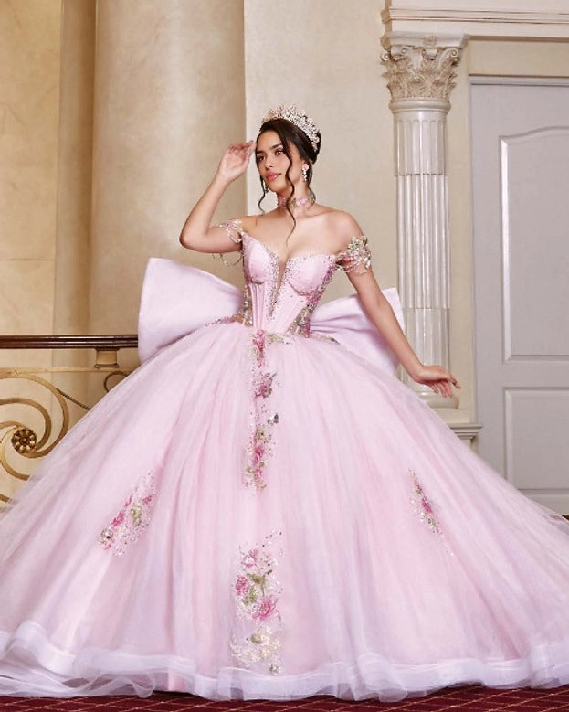 Ball Gown Off Shoulder Corset Back Floral Big Bow Quinceañera Dress