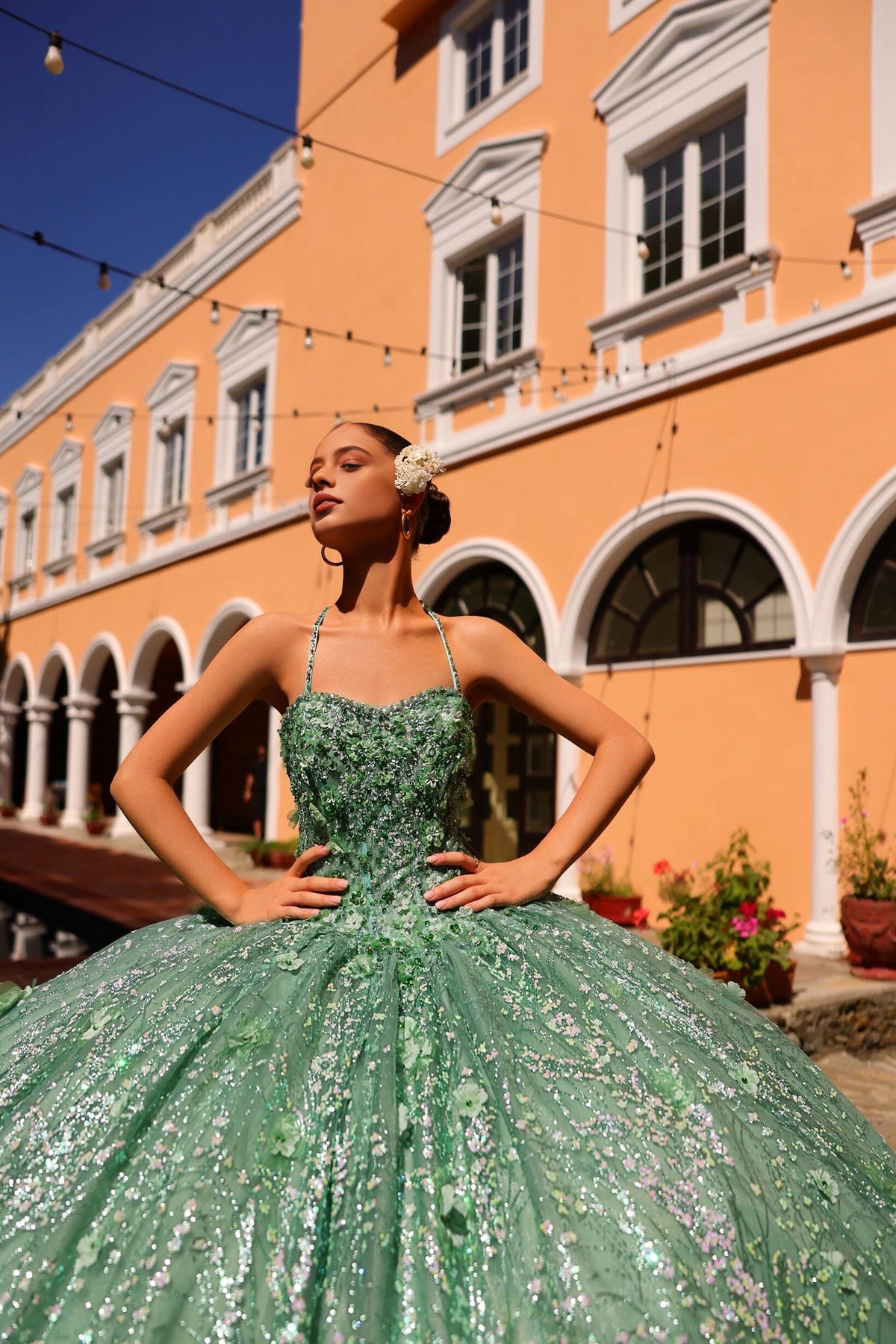 Gorgeous Ball Gown Halter Strap Sleeveless Lace‑Up Back Court Train Quinceanera Dress