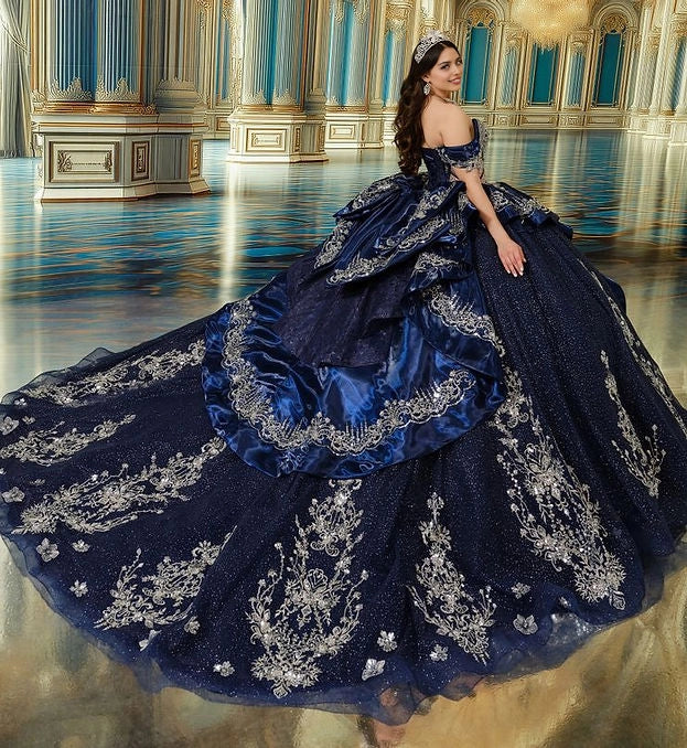 Vedress navy blue quinceañera gown off shoulder back view layered satin ruffle waterfall skirt silver lace applique long train back view