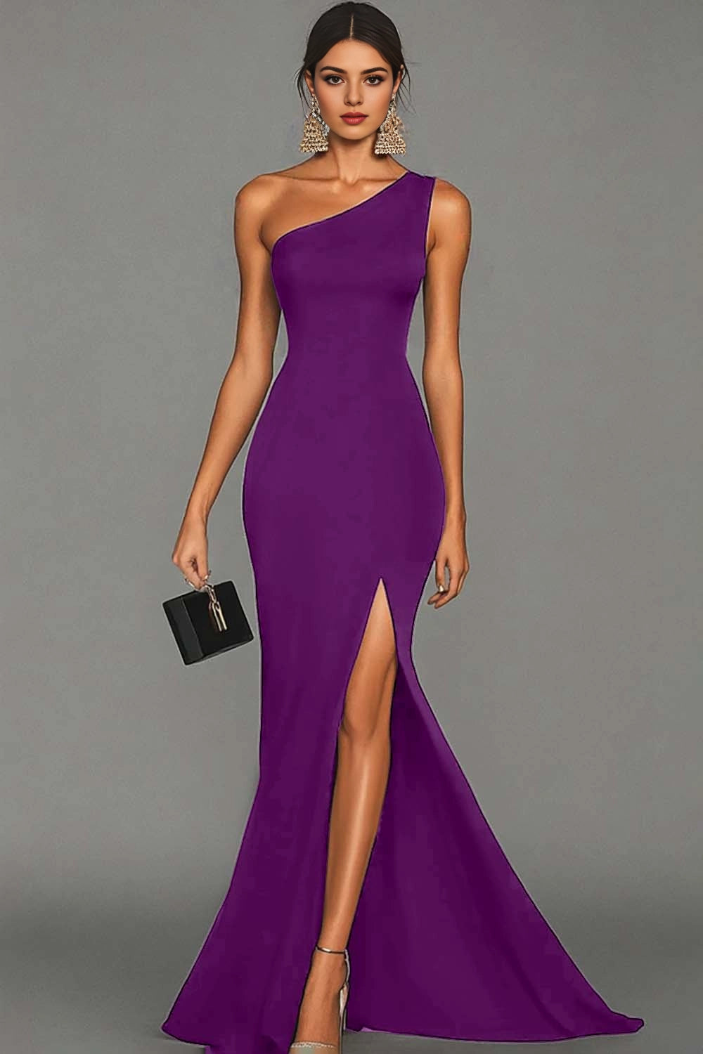Lavender Mermaid One Shoulder Sleeveless Plain Back Slit Long Prom Dress