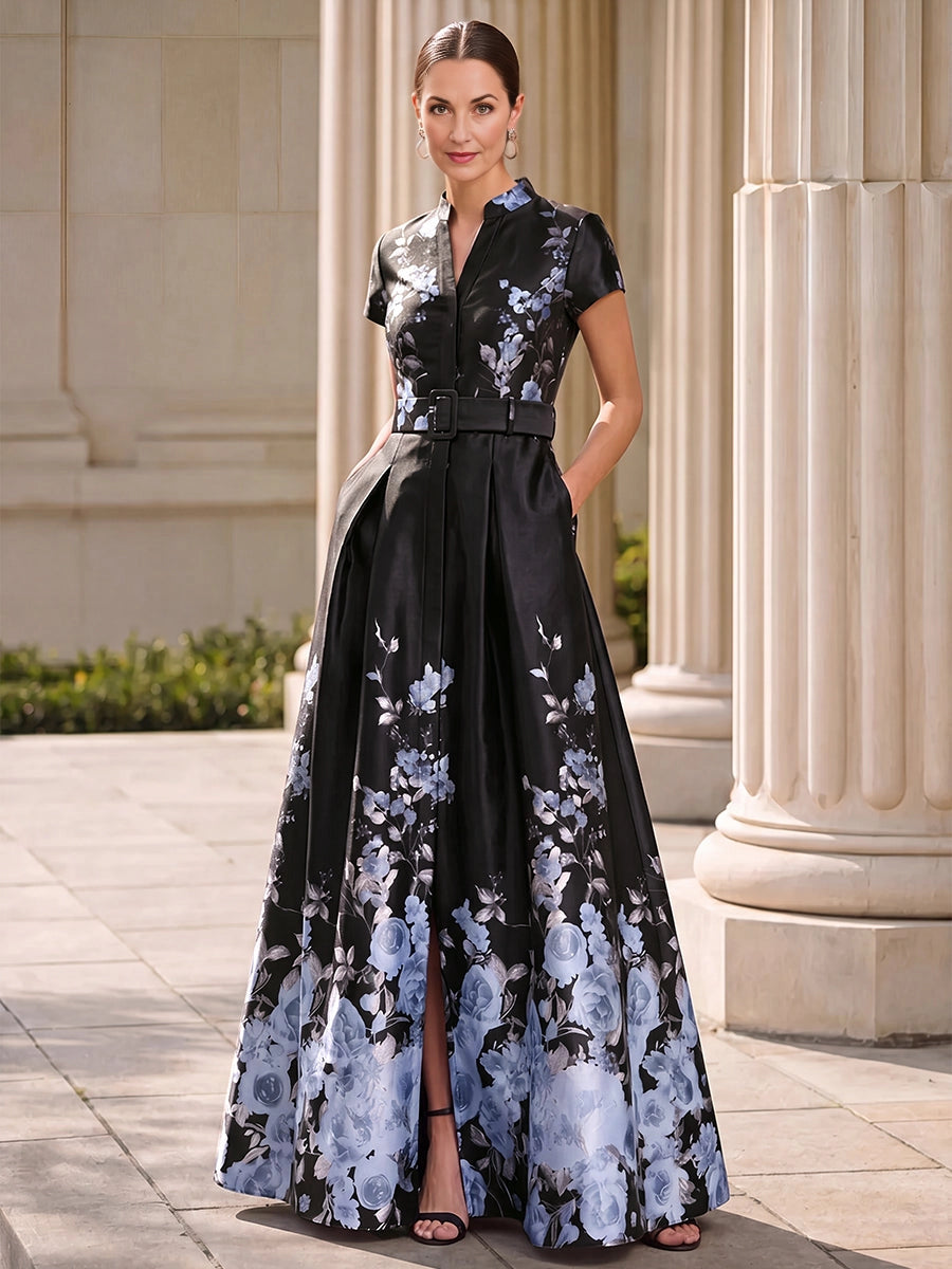 Elegant A‑Line Stand‑Collared Short‑Sleeve Zip‑Back Long Mother Of The Bride Dress