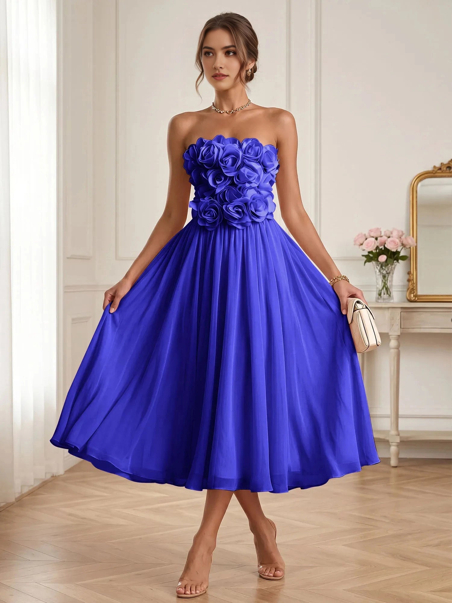 Romantic A‑Line Strapless Sleeveless Open‑Back Midi Bridesmaid Dress