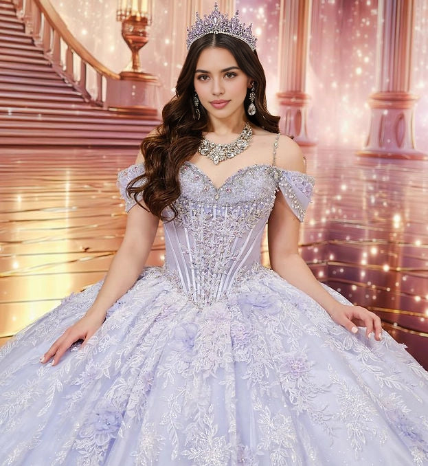 Ball Gown Off Shoulder Sweetheart 3D Floral Corset Big Bow Quinceañera Dress