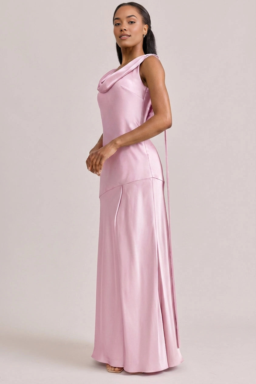 Soft Mermaid Cowl Neck Sleeveless Cowl Back Maxi Bridesmaid Dress