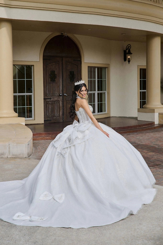 Back view Vedress white quinceanera gown corset back oversized bow long train with scattered small bows