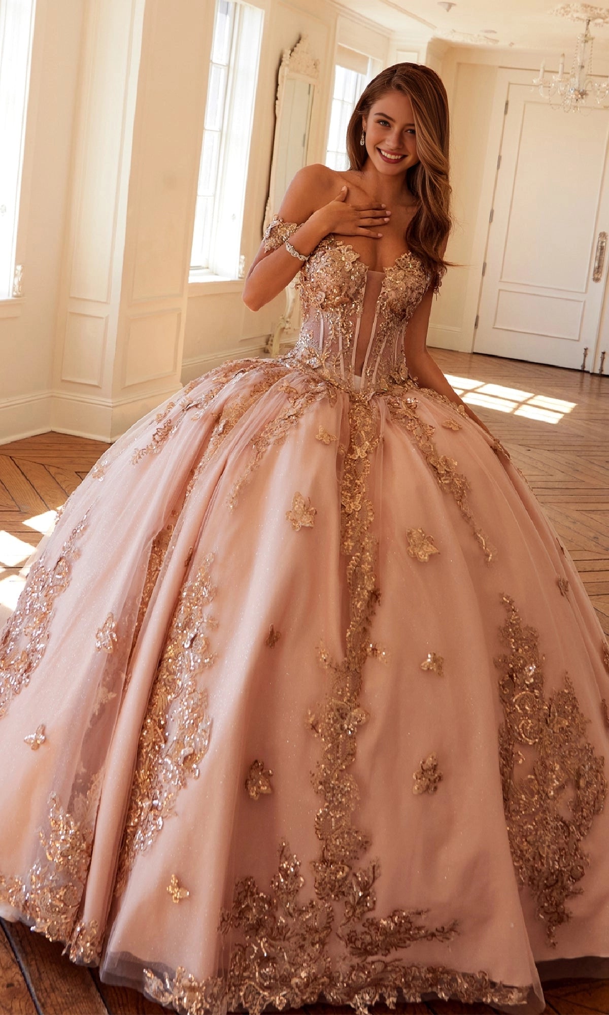 Elegant Ball Gown Off‑Shoulder Ruffle Sleeve Lace‑Up Back Court Train Quinceanera Dress