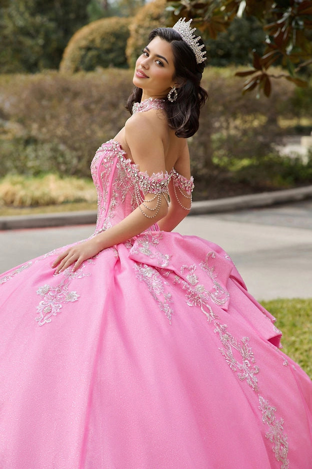 Ball Gown Off Shoulder Beaded Bow Train Cinderella Quinceañera Dress