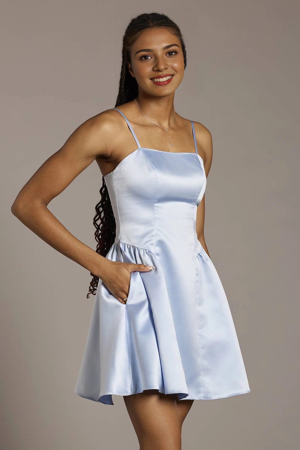 Yellow Satin A Line Square Spaghetti Strap Zip Back Mini Homecoming Dress