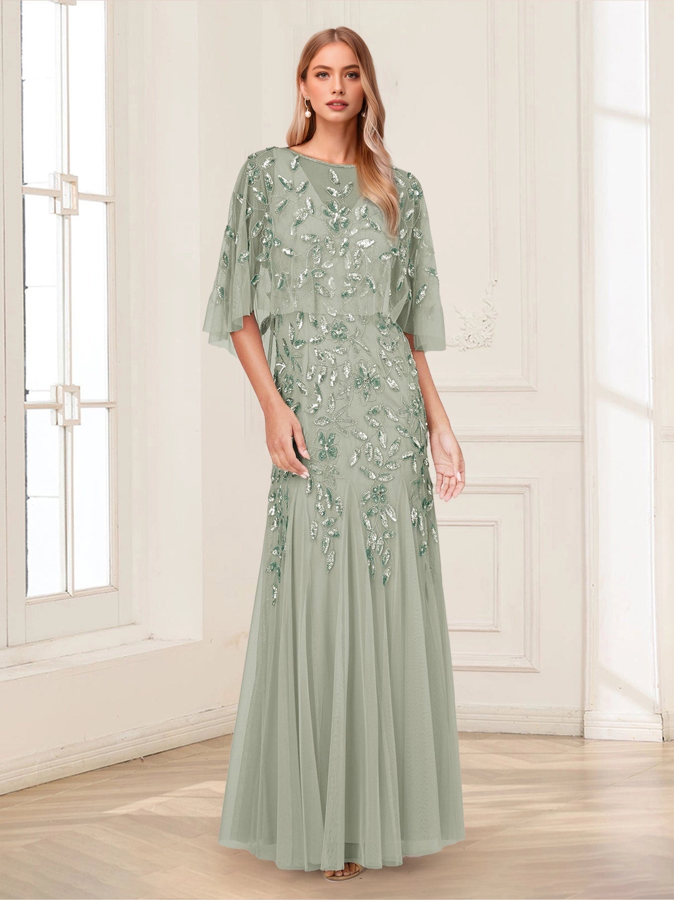 Glamorous Mermaid Round Cape‑Sleeve Zip‑Back Floor‑Length Plus Size Mother of the Bride Dress