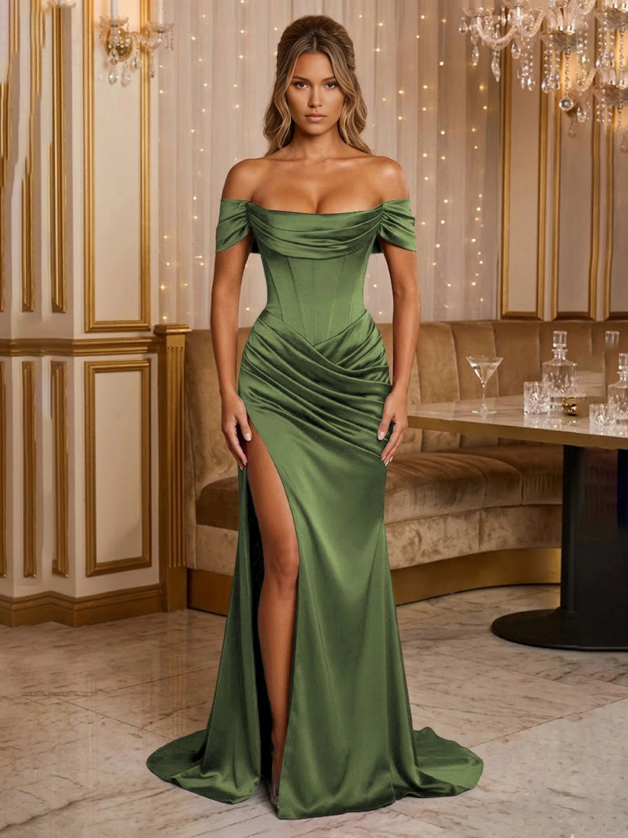 Glamorous Mermaid Off‑Shoulder Short Sleeve Corset‑Back Slit Maxi Evening Dress