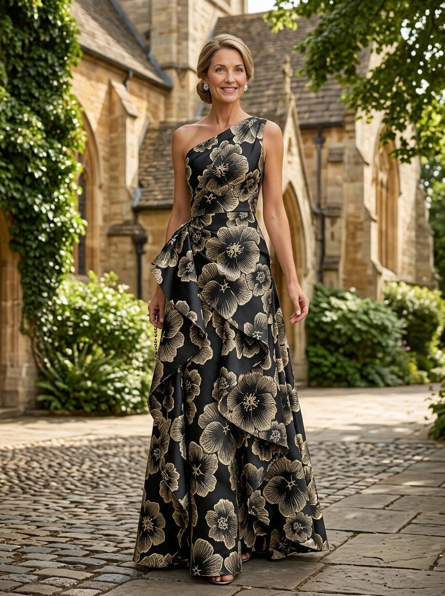Chic Mermaid One‑Shoulder Sleeveless Zip‑Back Floral Floor‑Length Mother Of The Bride Dress 